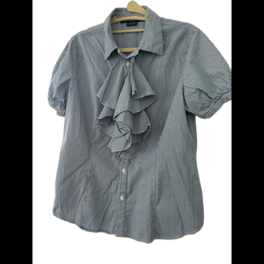Ralph Lauren Sport Women's 12 Striped Blue and White Ruffle Front Blouse Cotton